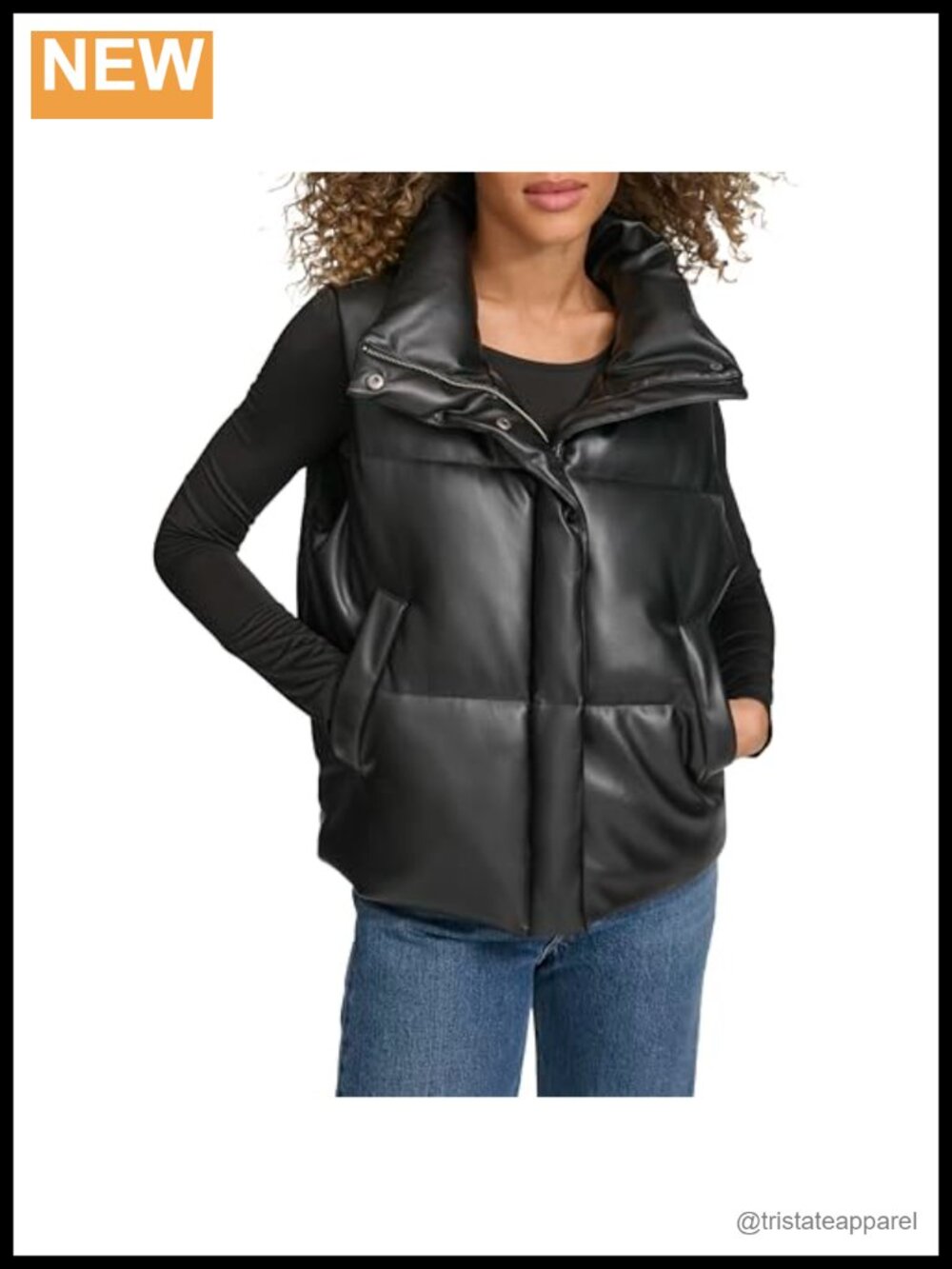 Women's Vegan Leather Quilted Puffer Vest Sleeveless Water-Resistant